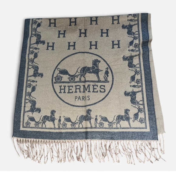 Hermes Other - Hermes Beige and Blue Equestrian Scarf